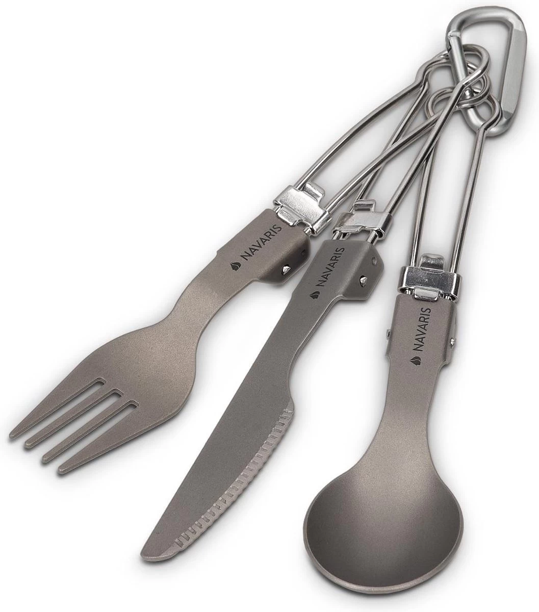 Navaris Campingbestek Van Titanium - Set Met Vork, Mes En Lepel - Inklapbaar - Bestekset Voor Onderweg - Inclusief Karabijnhaak En Bewaarzakje - Afbeelding 8
