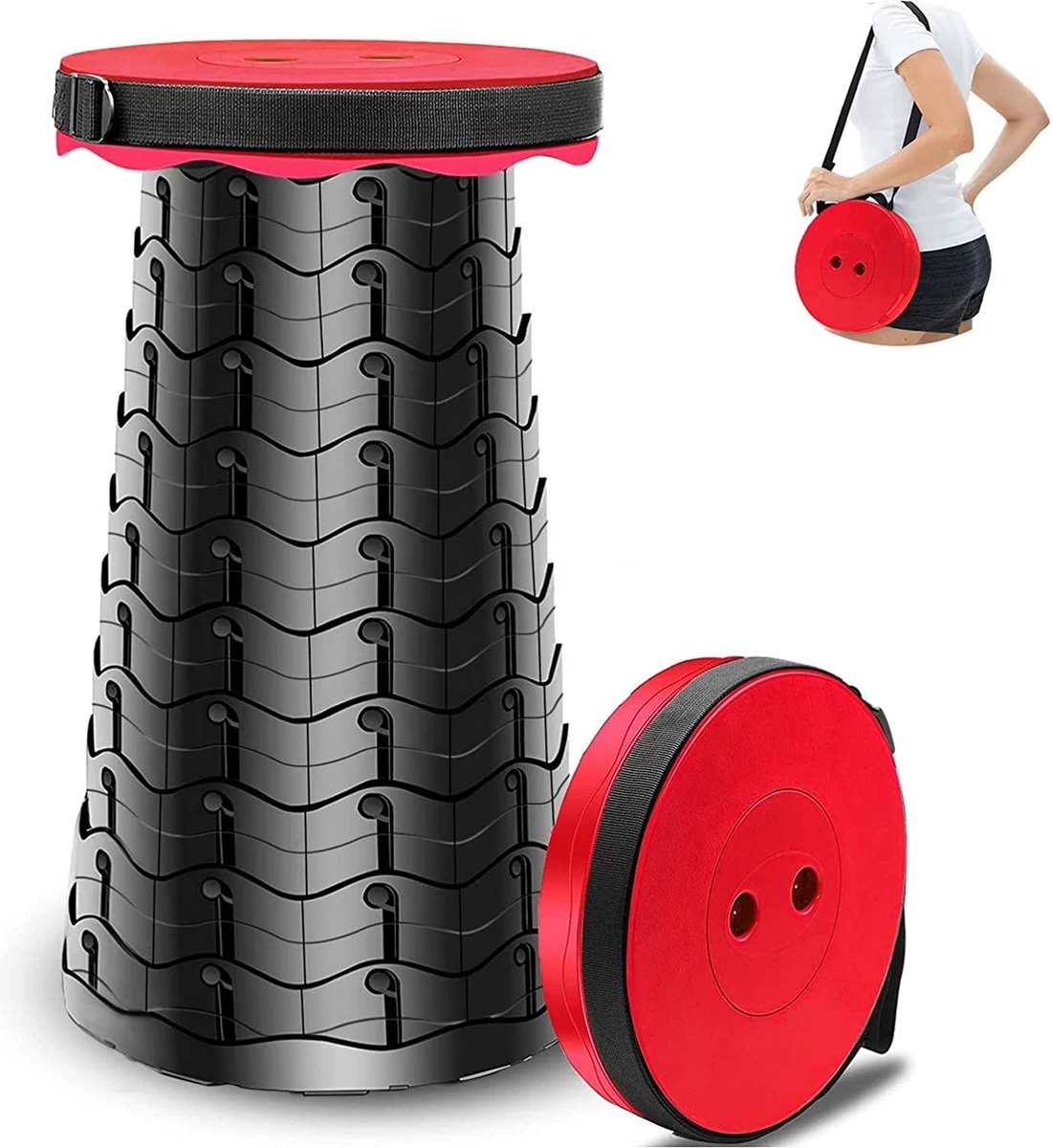 Kampeerkruk - Uitschuifbare Kruk - Rood/Zwart- Tot 120 Kg - Travel Stool - Opvouwbare Campingkruk - Inklapbaar Krukje - Telescopische Kruk - Camping - Outdoor