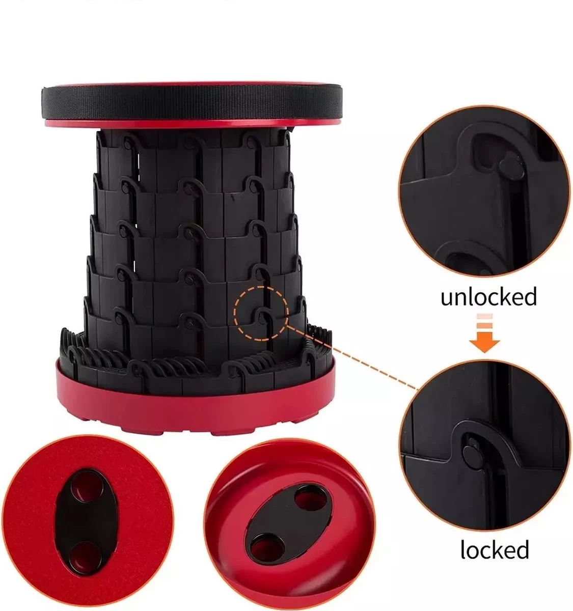 Kampeerkruk - Uitschuifbare Kruk - Rood/Zwart- Tot 120 Kg - Travel Stool - Opvouwbare Campingkruk - Inklapbaar Krukje - Telescopische Kruk - Camping - Outdoor - Afbeelding 2