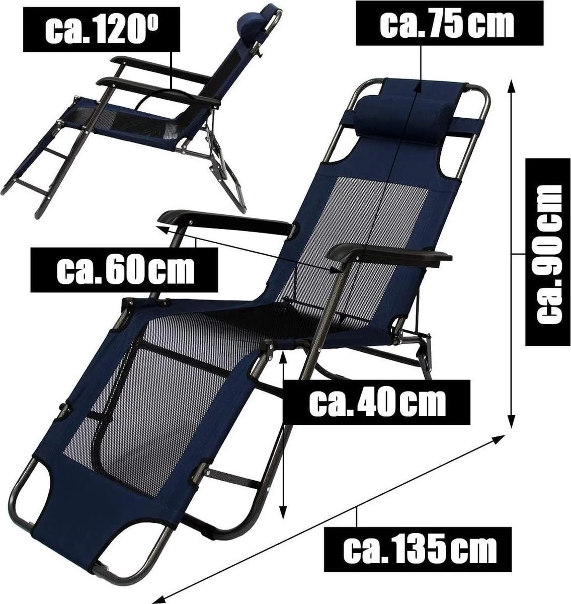 Ligstoel 180x60cm - Opvouwbaar Campingstoel Ligbed Strandstoel Tuinstoel Vouwligstoel Blauw - Afbeelding 7