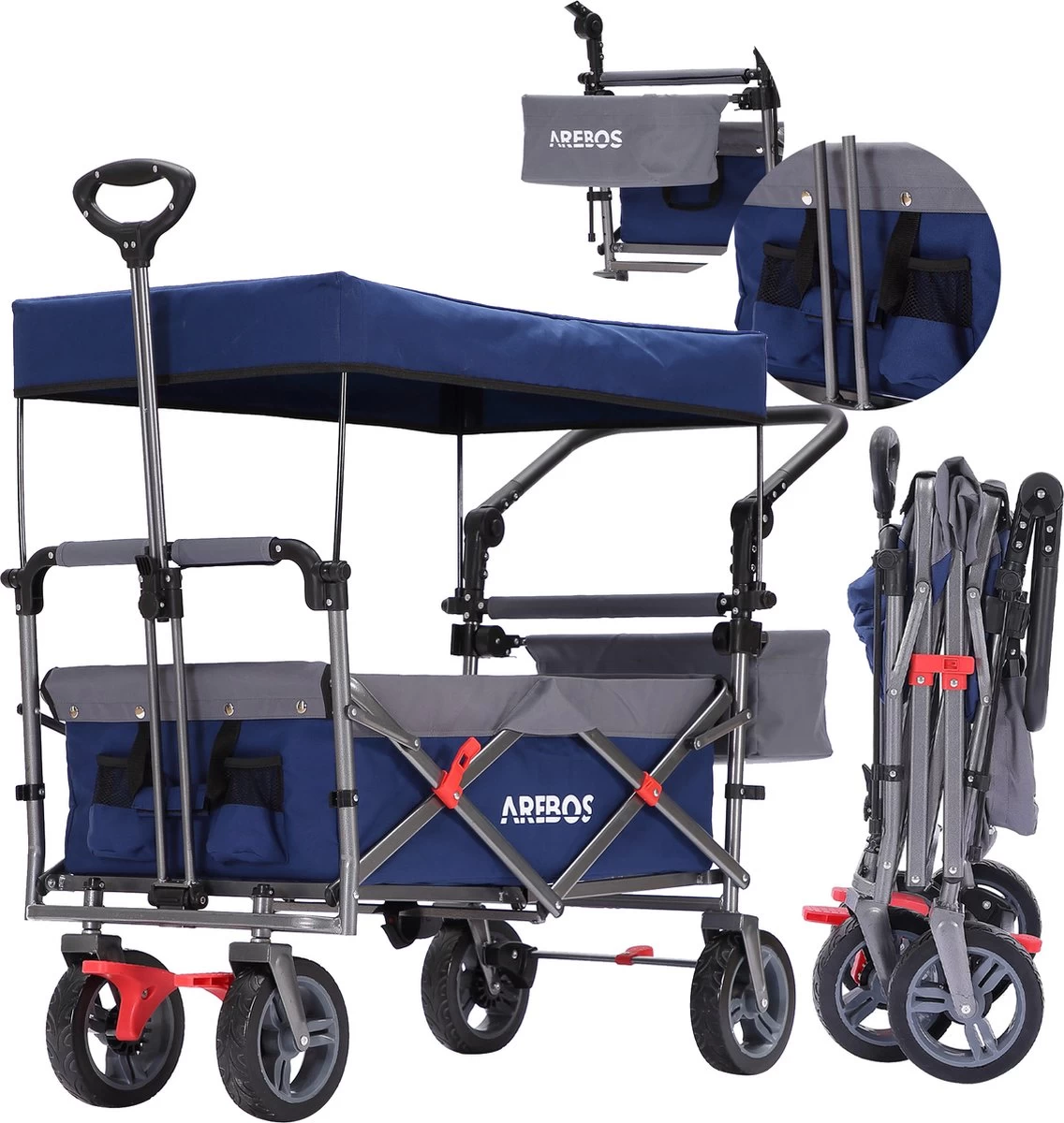 AREBOS Premium Steekwagen Met Dak Opvouwbare Tuinkar Handkar Bolderkar Blauw / Grijs