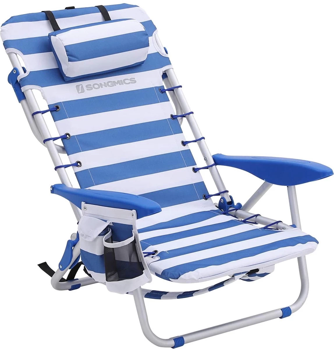 Naqsh Store Strandstoel Met Hoofdkussen, Aluminium, Draagbare Vouwstoel, Campingstoel, Opvouwbaar En Verstelbaar, Zoals Een Rugzak Draagbaar, Buitenstoel, Blauw En Wit Gestreept GCB62BU - Afbeelding 6