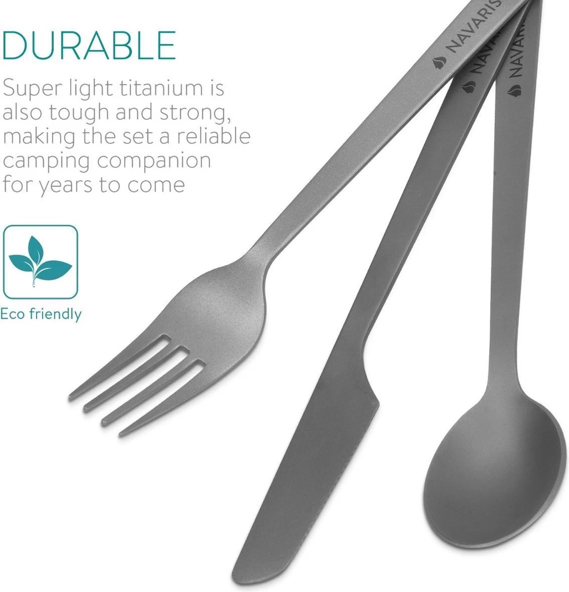 Navaris Campingbestek Van Titanium - Set Met Vork, Mes En Lepel - Bestekset Voor Onderweg En Op Reis - Inclusief Karabijnhaak En Bewaarzakje - Afbeelding 3