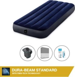 Intex Luchtbedset Intex Luchtbed - 1-Persoons - 76 X 191 X 25 Cm - Blauw + Intex Elektrische Pomp - 650 Liter/min + Hoeslaken Antraciet + Reparatieset