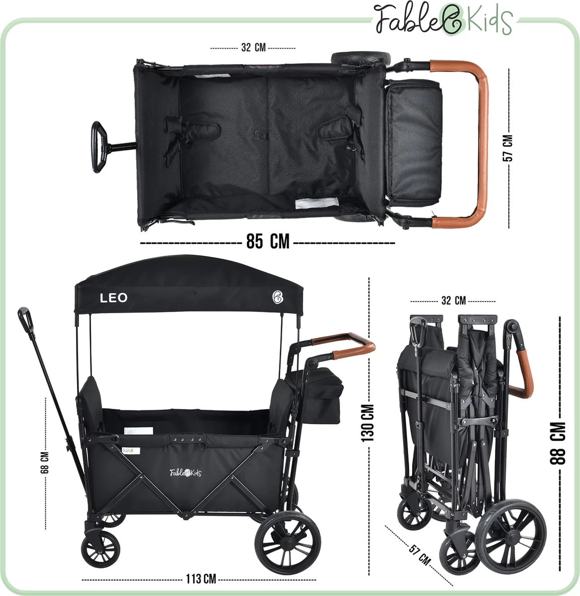 FableKids LEO X2 Lite Opvouwbare Handkar Met Dak Onyx Zwart - Afbeelding 10