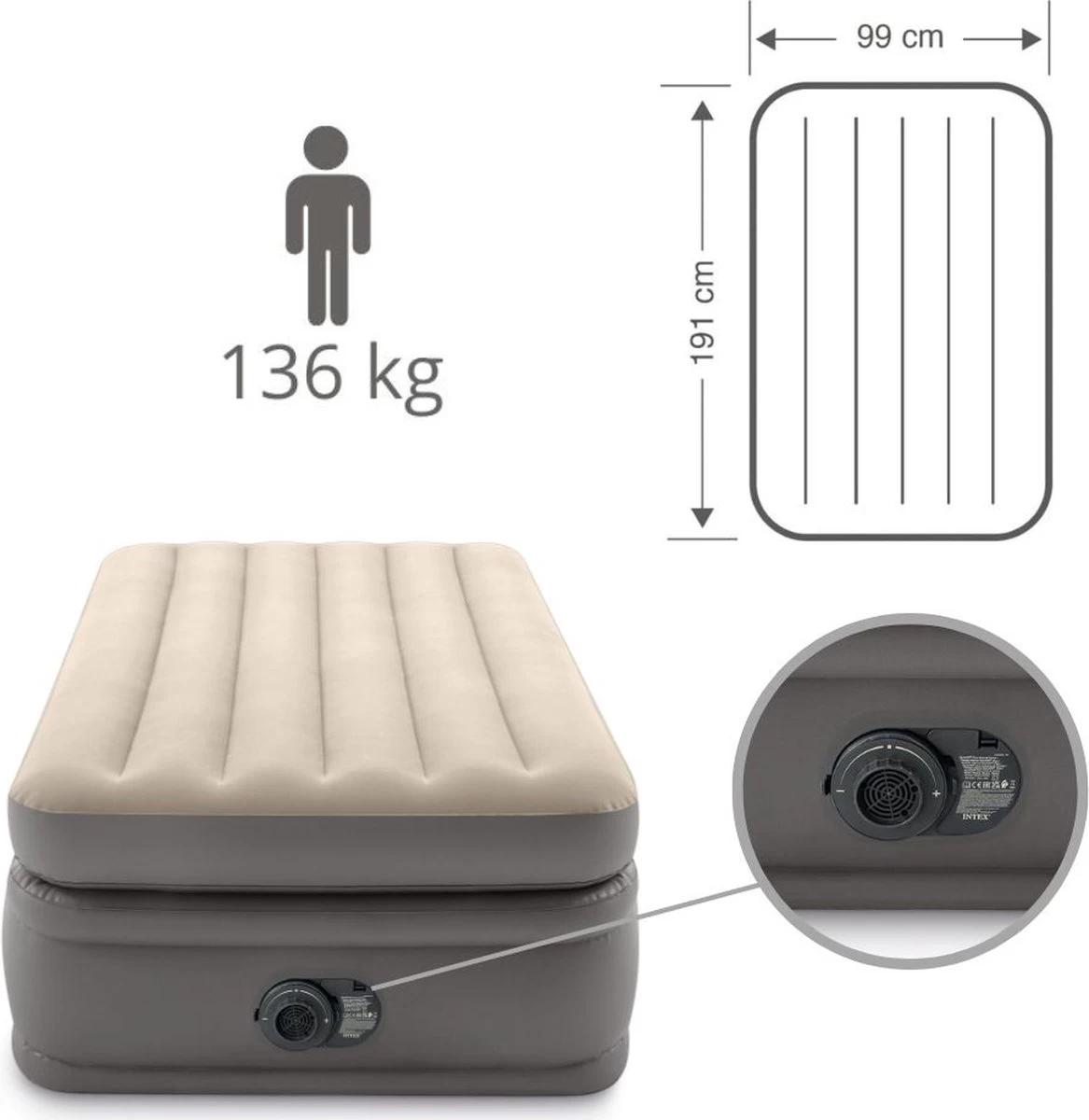 Intex Prime Comfort - Luchtbed - 1-Persoons - 99x191x51 Cm (BxLxH) - Grijs - Met Ingebouwde Motorpomp - Afbeelding 5