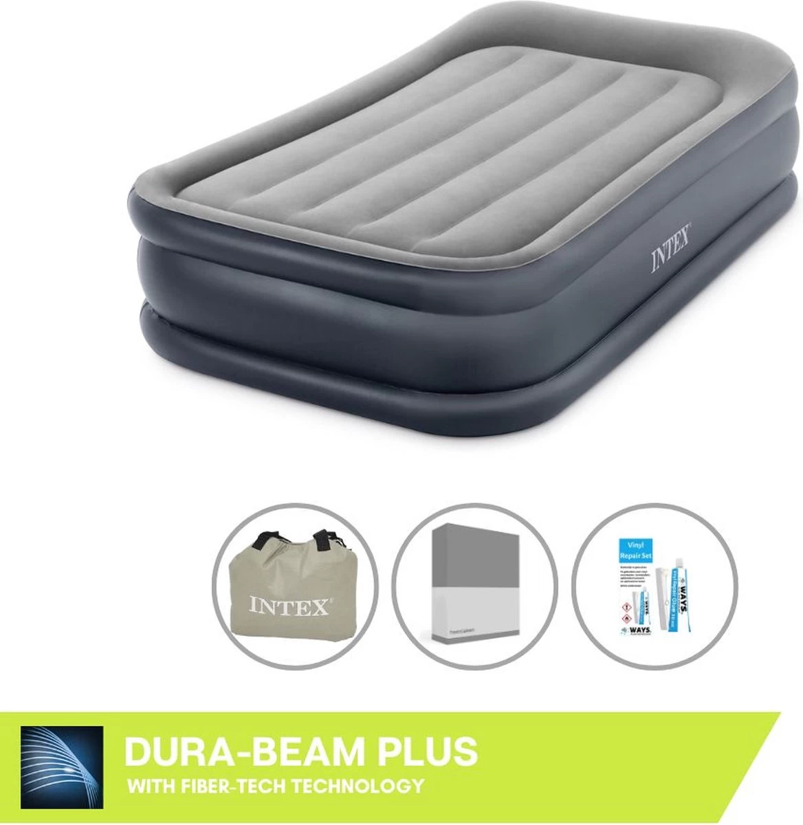 Intex Luchtbed - 1-Persoons - 99 X 191 X 42 Cm - Grijs - Met Pomp, Hoeslaken Antraciet En Reparatieset