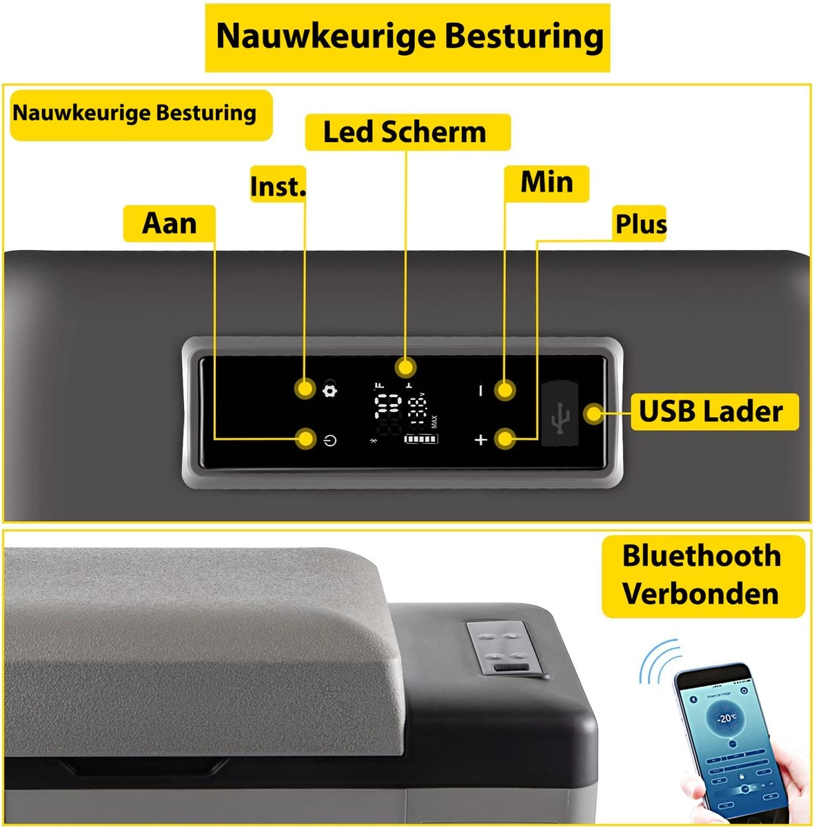 Vevor Auto Koelbox - Mini Koelkast Vriezer - Draagbare Vriezer/Koelkast - Elektrische Koelbox - Mini Vriezer - Auto Koelkast - 35 Liter - Tot -20˚C - 12V/240V - Grijs - Afbeelding 4
