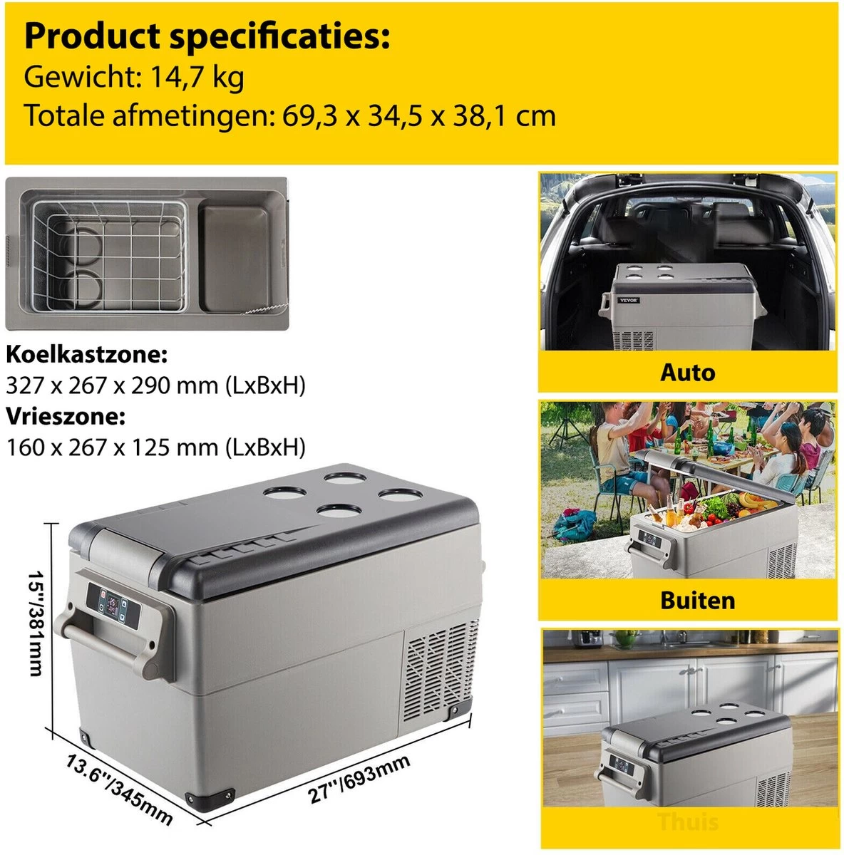 Vevor Auto Koelbox - Mini Koelkast Vriezer - Draagbare Vriezer/Koelkast - Elektrische Koelbox - Mini Vriezer - Auto Koelkast - 35 Liter - Tot -20˚C - 12V/240V - Grijs - Afbeelding 2