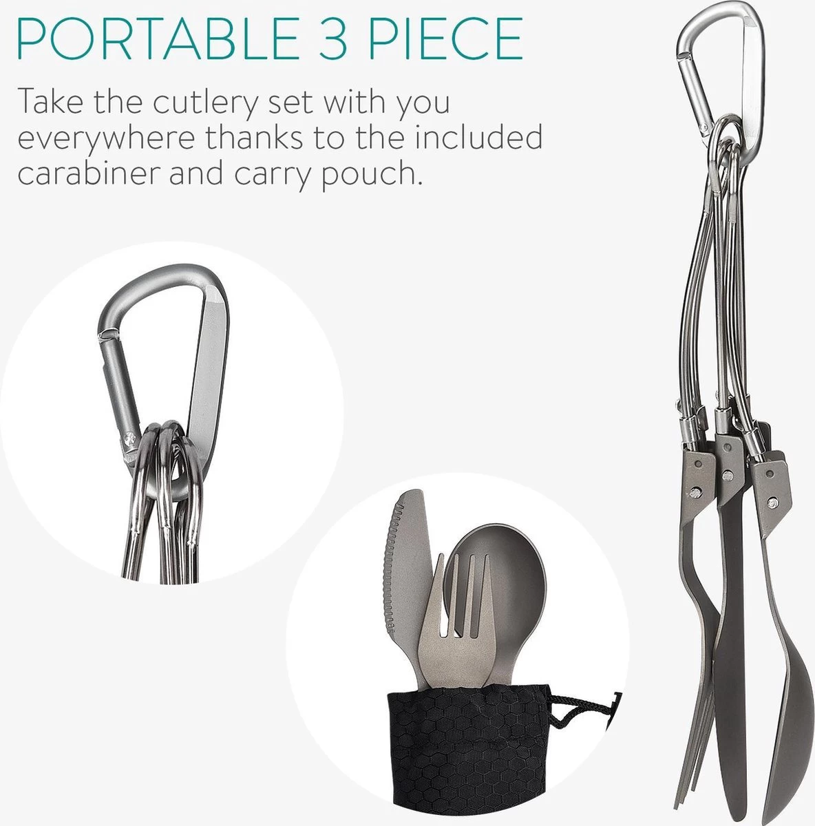 Navaris Campingbestek Van Titanium - Set Met Vork, Mes En Lepel - Inklapbaar - Bestekset Voor Onderweg - Inclusief Karabijnhaak En Bewaarzakje - Afbeelding 10