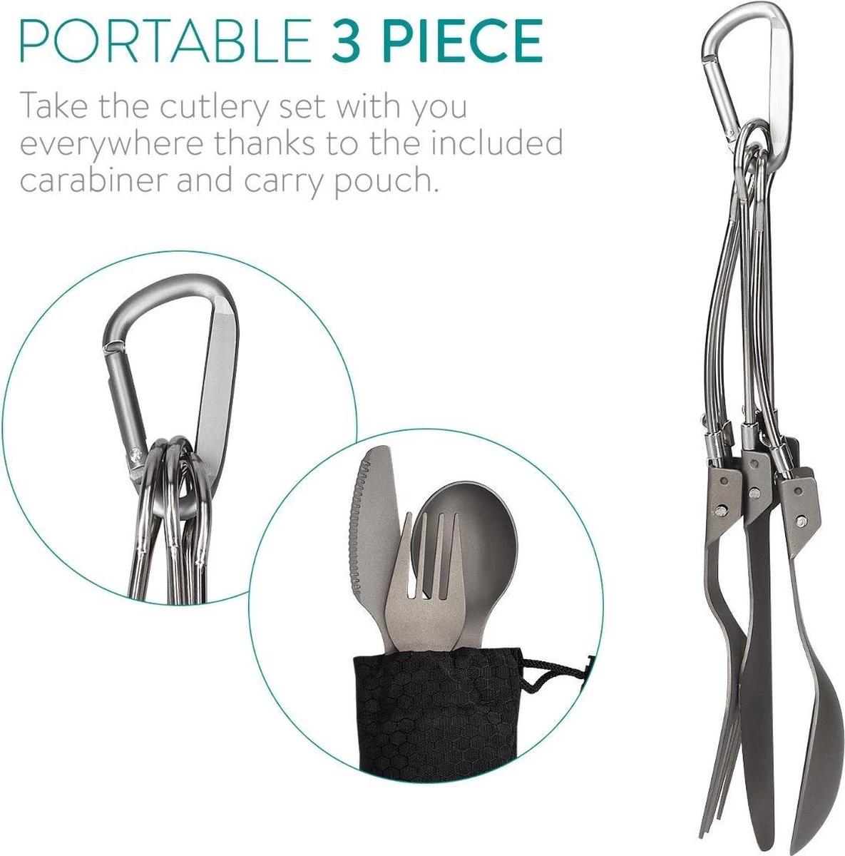 Navaris Campingbestek Van Titanium - Set Met Vork, Mes En Lepel - Inklapbaar - Bestekset Voor Onderweg - Inclusief Karabijnhaak En Bewaarzakje - Afbeelding 5