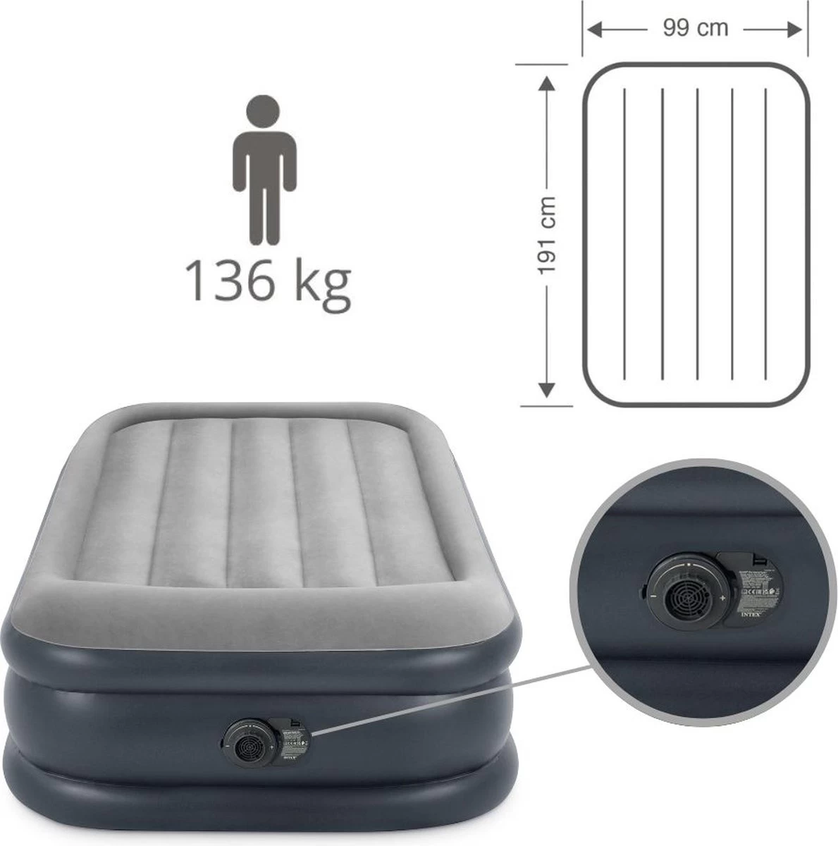 Intex Luchtbed - 1-Persoons - 99 X 191 X 42 Cm - Grijs - Met Pomp, Hoeslaken Antraciet En Reparatieset - Afbeelding 2