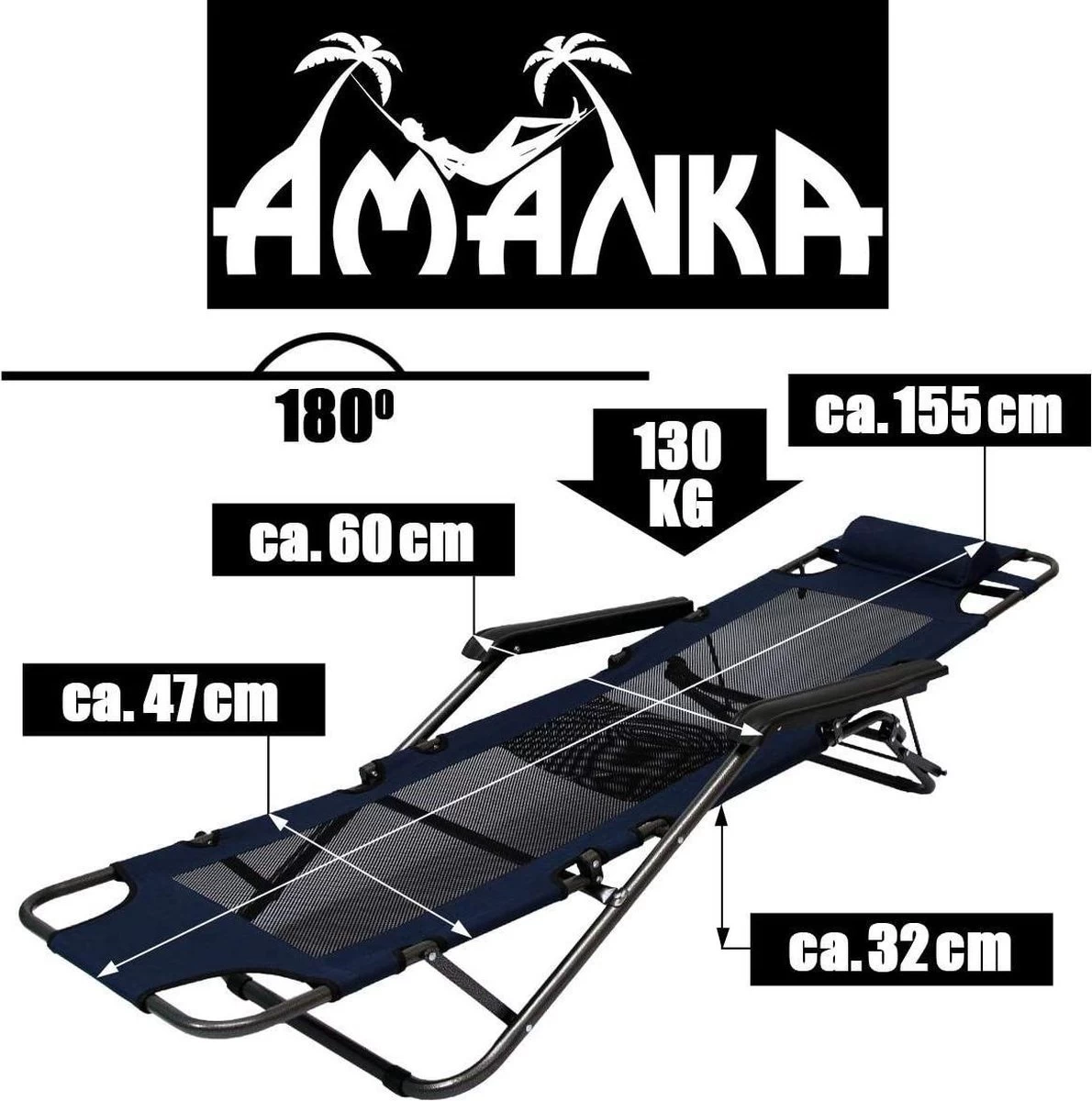 Ligstoel 155x60cm - Opvouwbaar Campingstoel Ligbed Strandstoel Tuinstoel Vouwligstoel Blauw - Afbeelding 7
