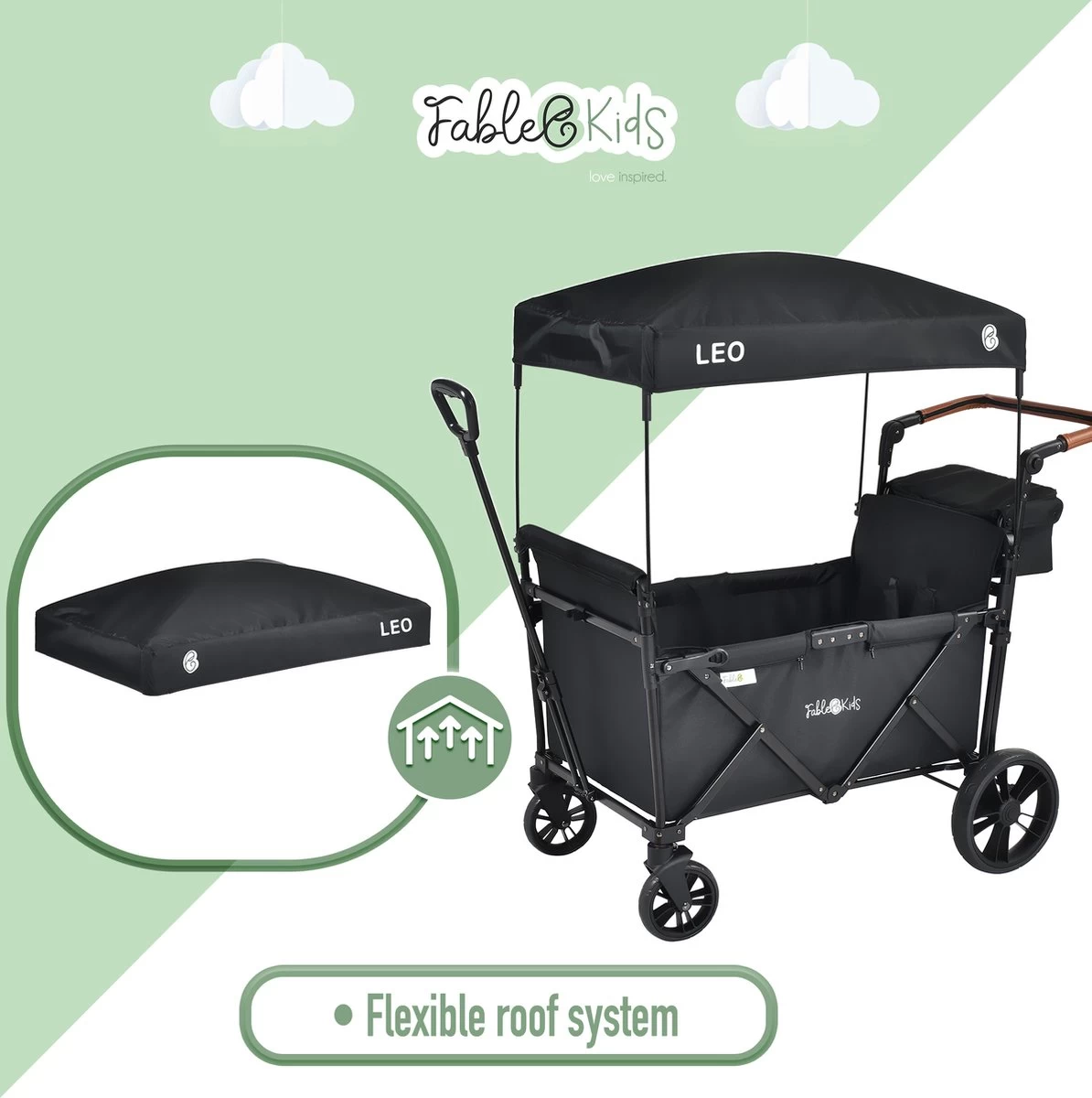 FableKids LEO X2 Lite Opvouwbare Handkar Met Dak Onyx Zwart - Afbeelding 3
