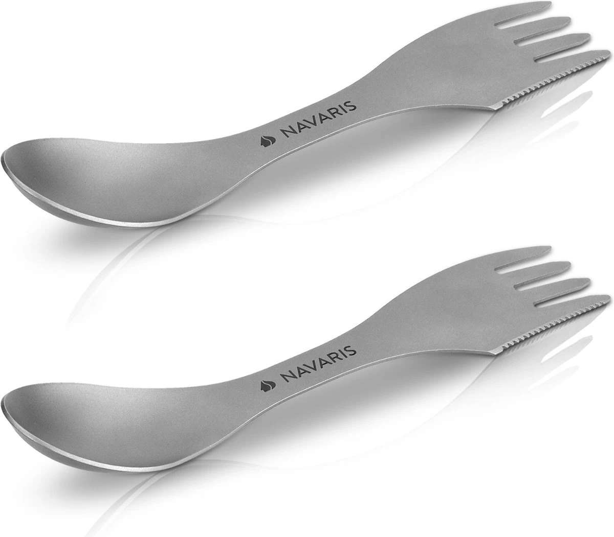 Navaris 2x Spork Titanium Campingbestek - Vork, Mes En Lepel In één - Bestek Voor Onderweg En Op Reis - Lichtgewicht - Inclusief Bewaarzakje - Afbeelding 2