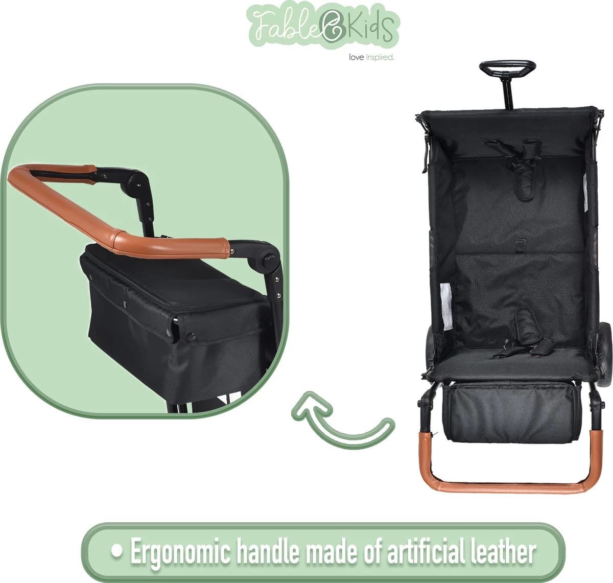 FableKids LEO X2 Lite Opvouwbare Handkar Met Dak Onyx Zwart - Afbeelding 8