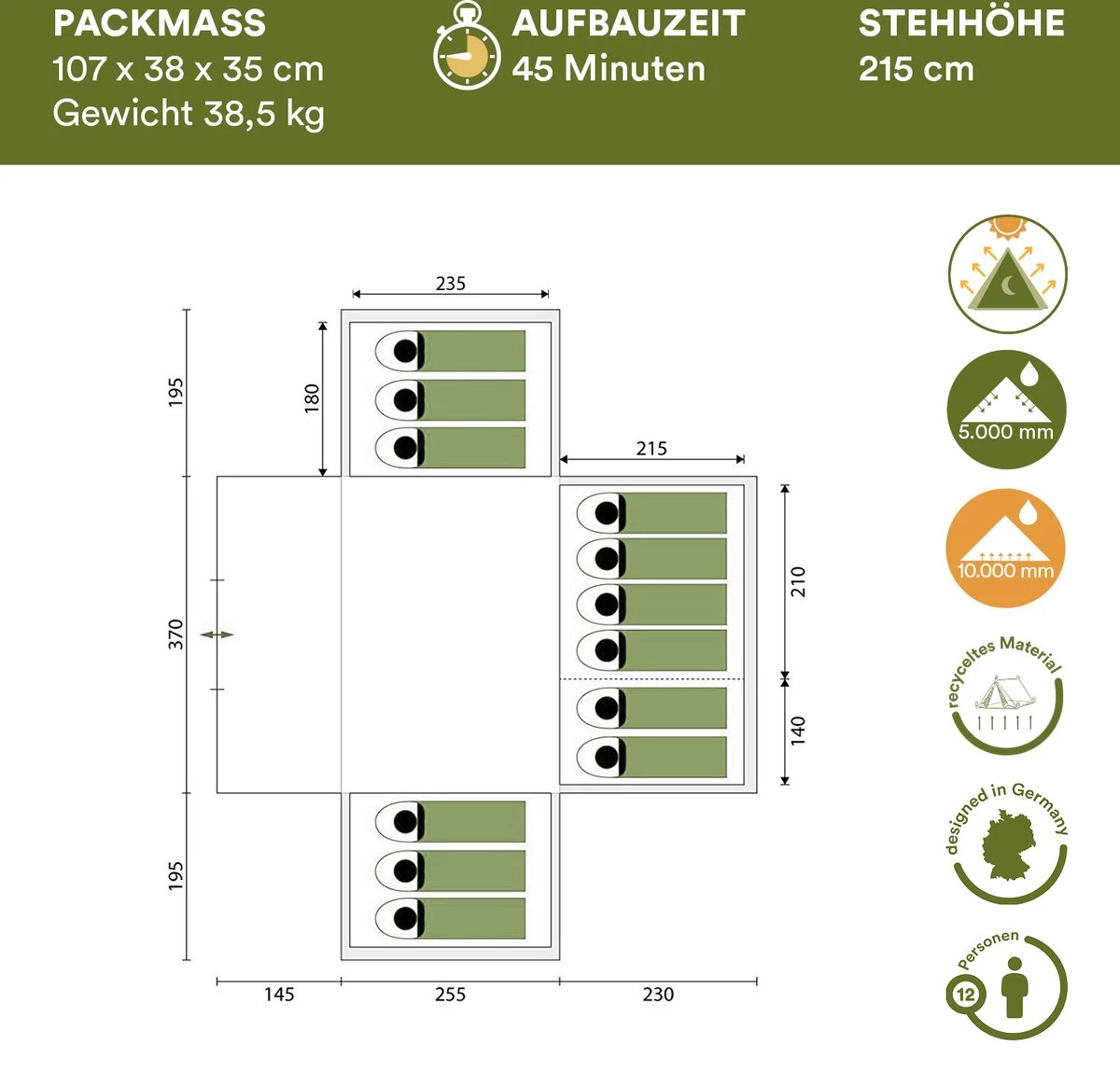 Skandika Nimbus Sleeper 12 Tent – Koepeltenten – 12 Persoons Familietent - Campingtent – Muggengaas – Sleeper Technology (3 Extra Donkere Slaapcabines) – 760 X 630 X 215 Cm (LxBxH) – 5000 Mm Waterkolom – Camping, Tuin – Kamperen – Blauw/wit - Afbeelding 5