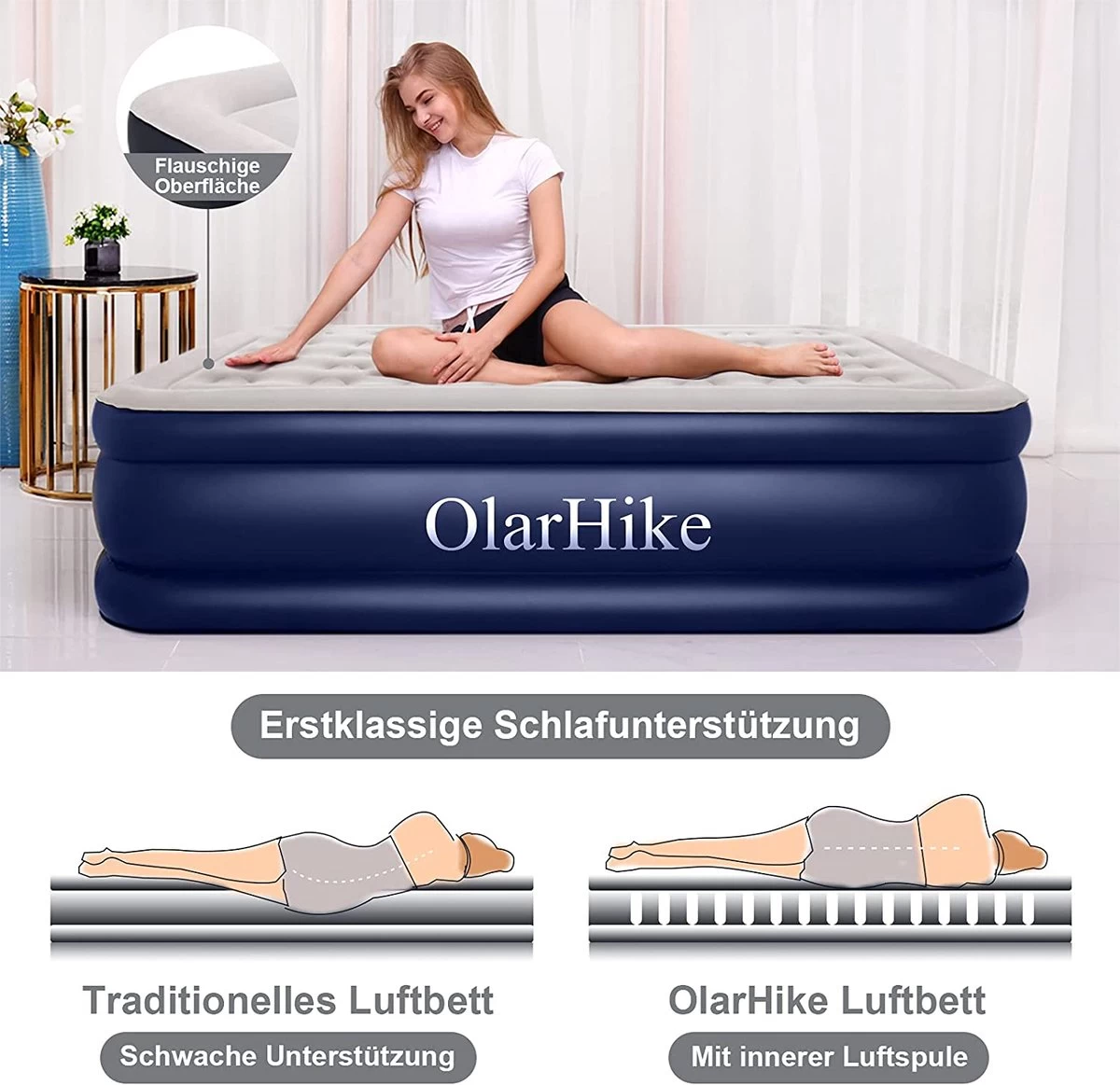 OlarHike Queen Size Luchtmatras Met Geïntegreerde Elektrische Pomp, Zelfopblazend Luchtbed, Voor 2 Personen, Premium Gastenbed, Opblaasbaar Matras Voor Camping Of Thuisgebruik, 203 X 152 X 46 Cm - Afbeelding 4