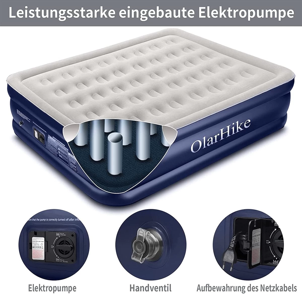 OlarHike Queen Size Luchtmatras Met Geïntegreerde Elektrische Pomp, Zelfopblazend Luchtbed, Voor 2 Personen, Premium Gastenbed, Opblaasbaar Matras Voor Camping Of Thuisgebruik, 203 X 152 X 46 Cm - Afbeelding 2