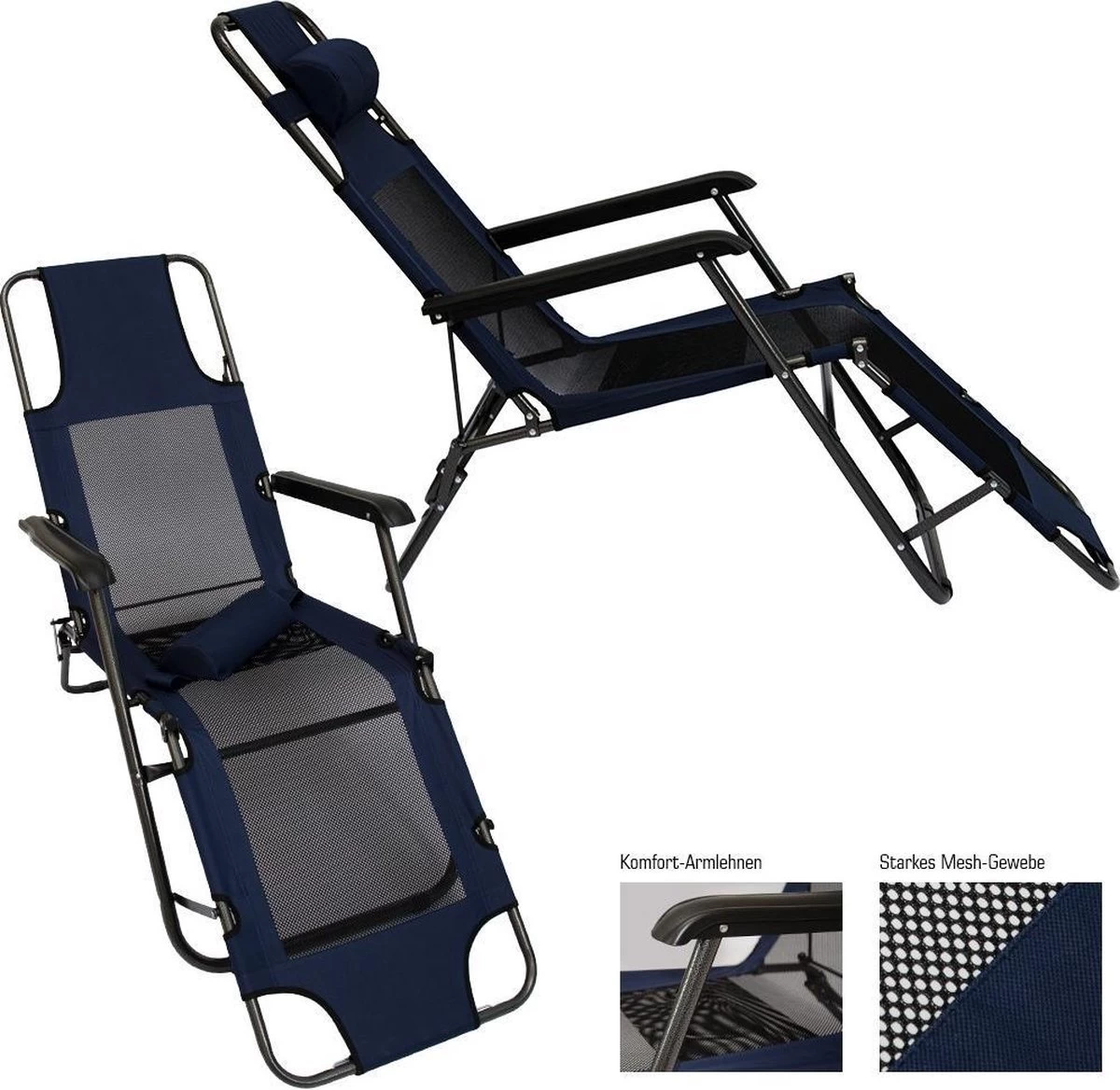 Ligstoel 180x60cm - Opvouwbaar Campingstoel Ligbed Strandstoel Tuinstoel Vouwligstoel Blauw - Afbeelding 4