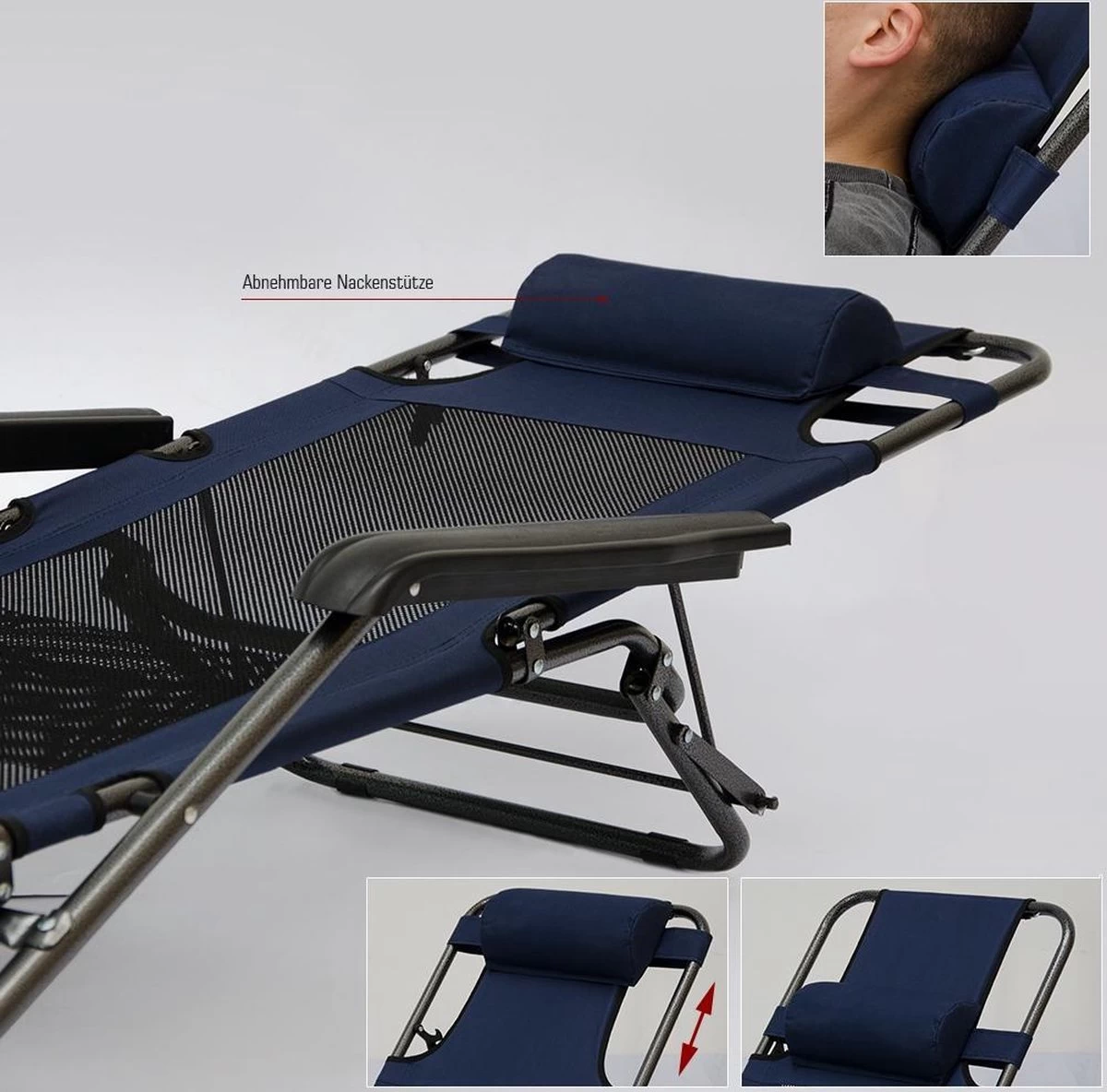 Ligstoel 180x60cm - Opvouwbaar Campingstoel Ligbed Strandstoel Tuinstoel Vouwligstoel Blauw - Afbeelding 12