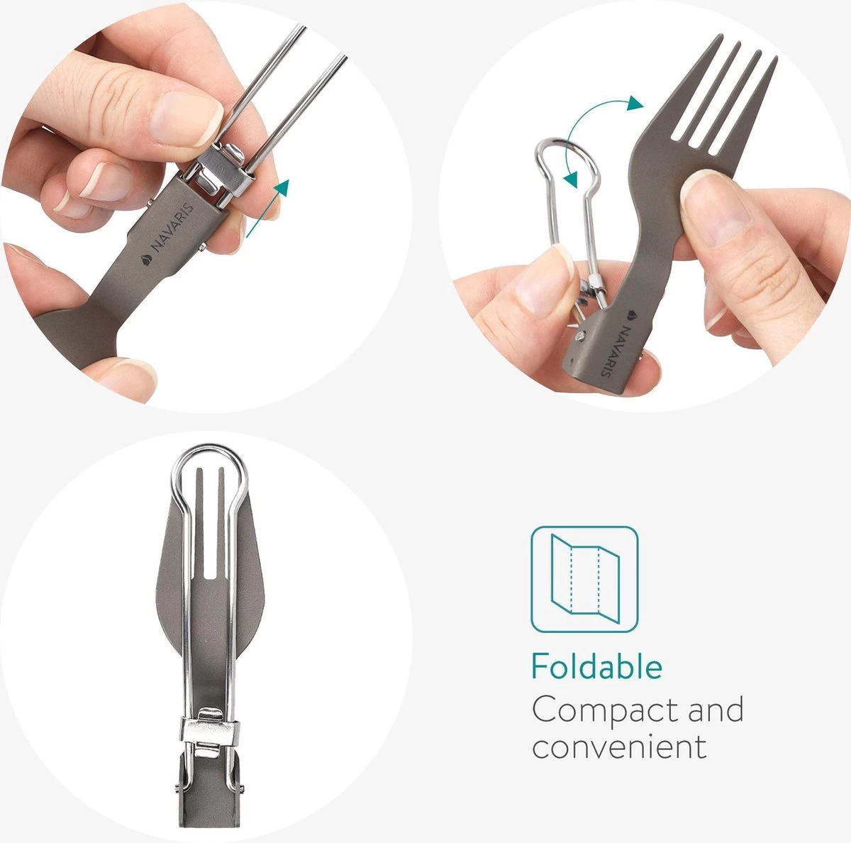 Navaris Campingbestek Van Titanium - Set Met Vork, Mes En Lepel - Inklapbaar - Bestekset Voor Onderweg - Inclusief Karabijnhaak En Bewaarzakje - Afbeelding 11