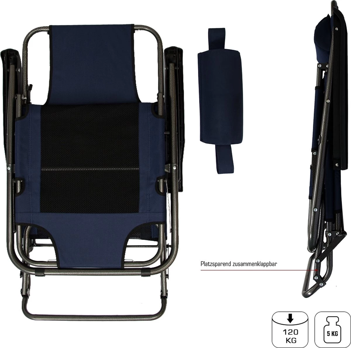 Ligstoel 180x60cm - Opvouwbaar Campingstoel Ligbed Strandstoel Tuinstoel Vouwligstoel Blauw - Afbeelding 9