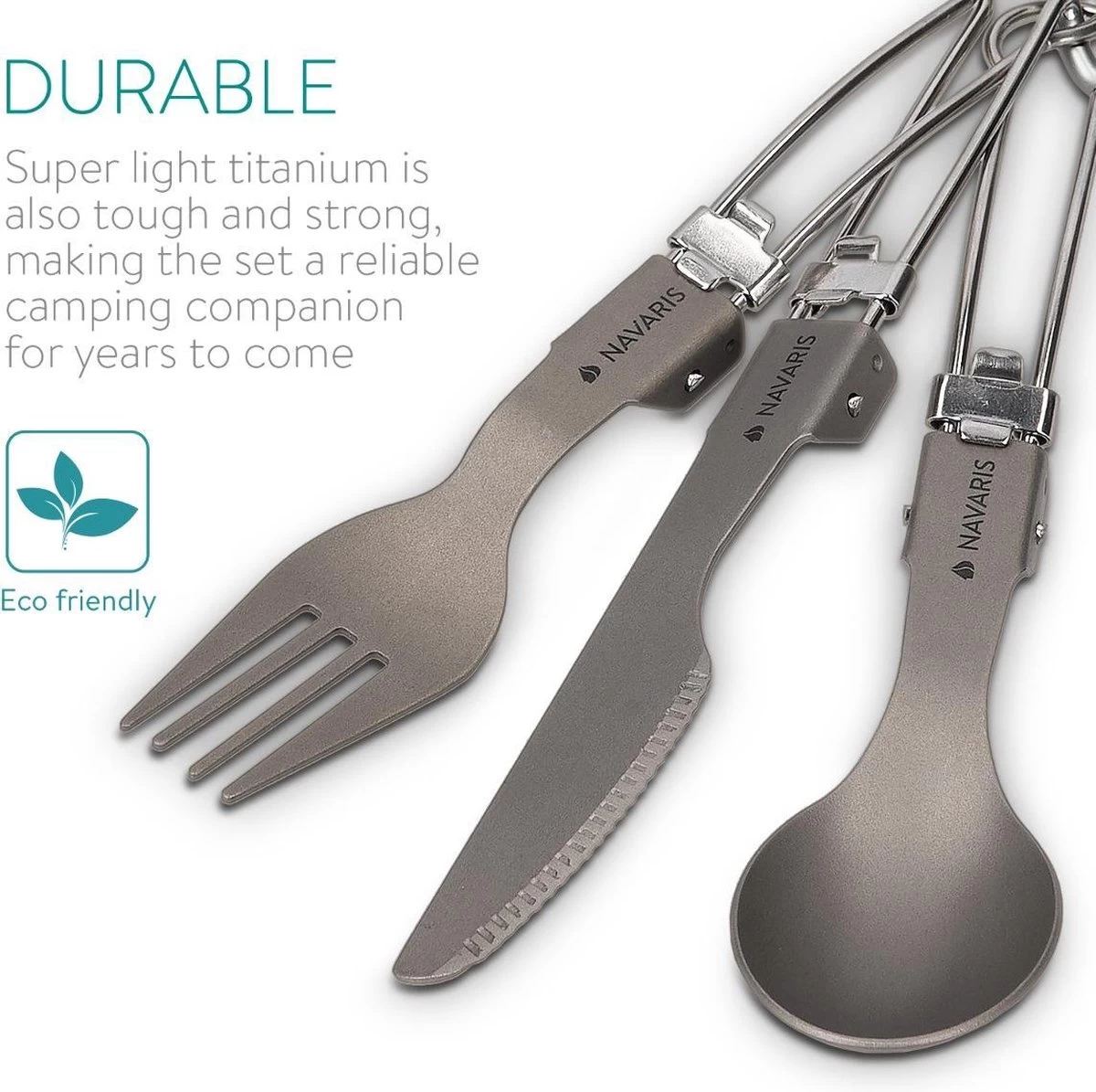 Navaris Campingbestek Van Titanium - Set Met Vork, Mes En Lepel - Inklapbaar - Bestekset Voor Onderweg - Inclusief Karabijnhaak En Bewaarzakje - Afbeelding 6