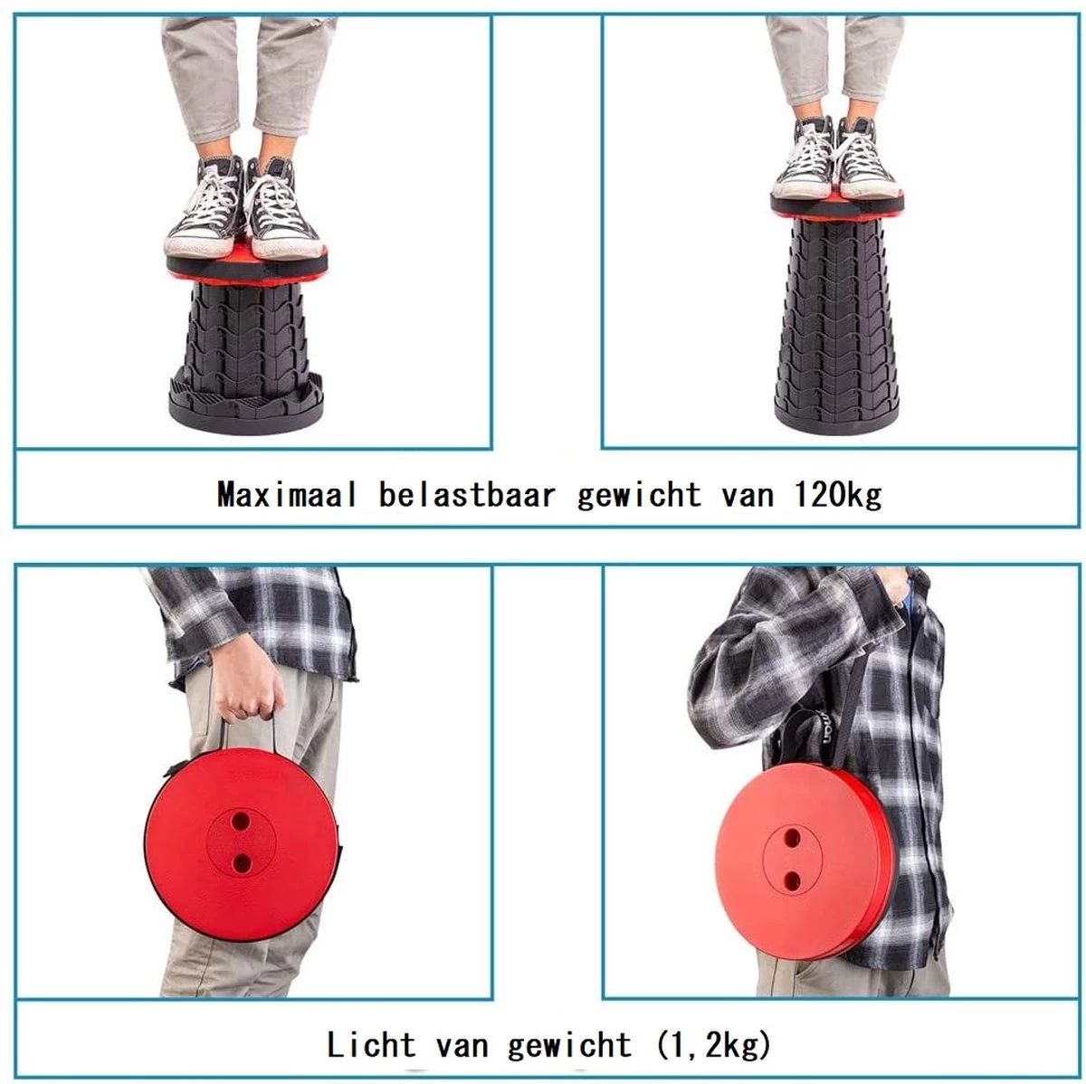 Kampeerkruk - Uitschuifbare Kruk - Rood/Zwart- Tot 120 Kg - Travel Stool - Opvouwbare Campingkruk - Inklapbaar Krukje - Telescopische Kruk - Camping - Outdoor - Afbeelding 3