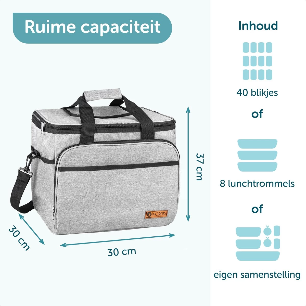 ForDig Koeltas XL Grijs (30 Liter) - Gemaakt Van 600D Polyester Met PEVA-Voering - Ruimte Voor 40 Blikjes Of 20 Halve Liter Flessen - Opvouwbaar Koel Tas Met Easy-Acces Flap - Ruimte Voor Bestek - Picknick Cool Bag - Coolerbag - Grote Cooler - Afbeelding 3