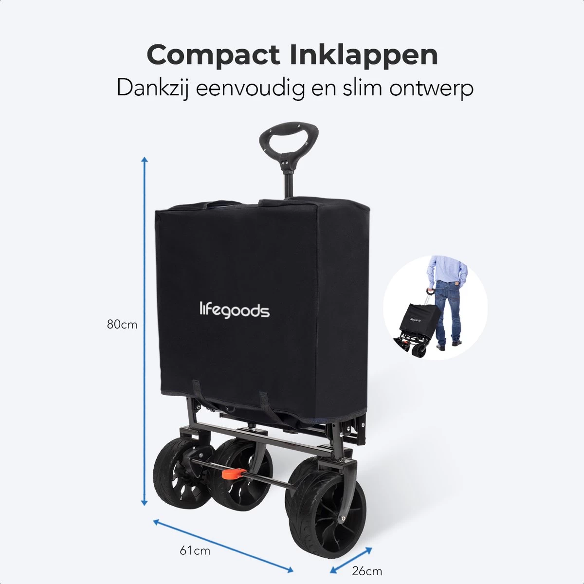 LifeGoods Bolderkar - Opvouwbaar - Tot 120KG - 103L - Extra Draagtas En Duwstang - Wasbaar Polyester - 98x45cm - Zwart/Grijs - Afbeelding 3