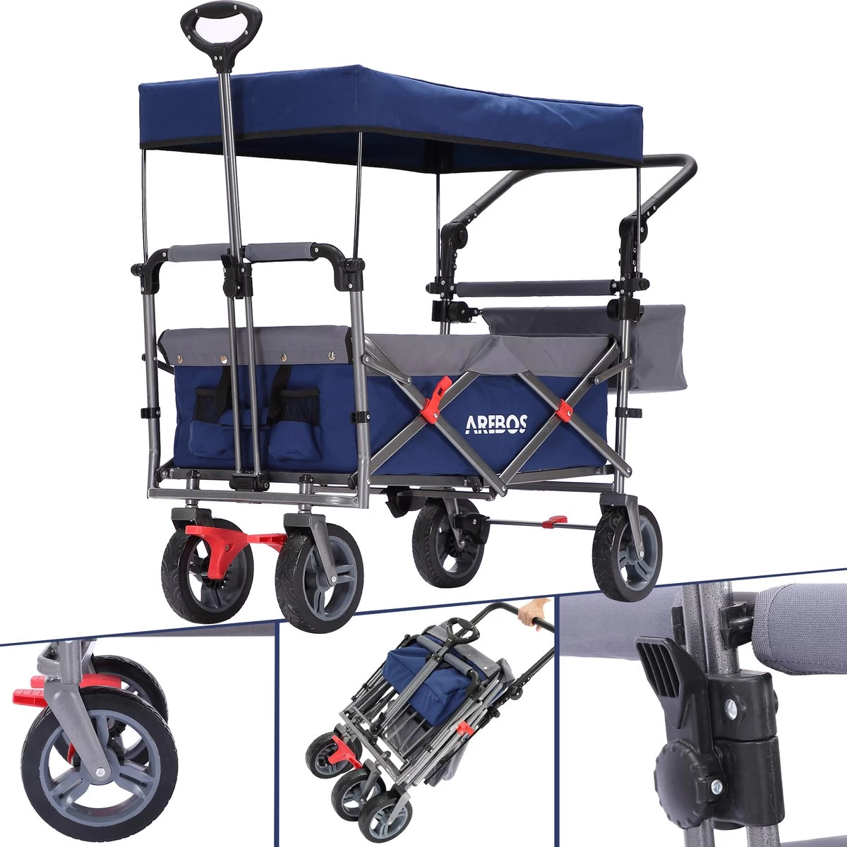 AREBOS Premium Steekwagen Met Dak Opvouwbare Tuinkar Handkar Bolderkar Blauw / Grijs - Afbeelding 2