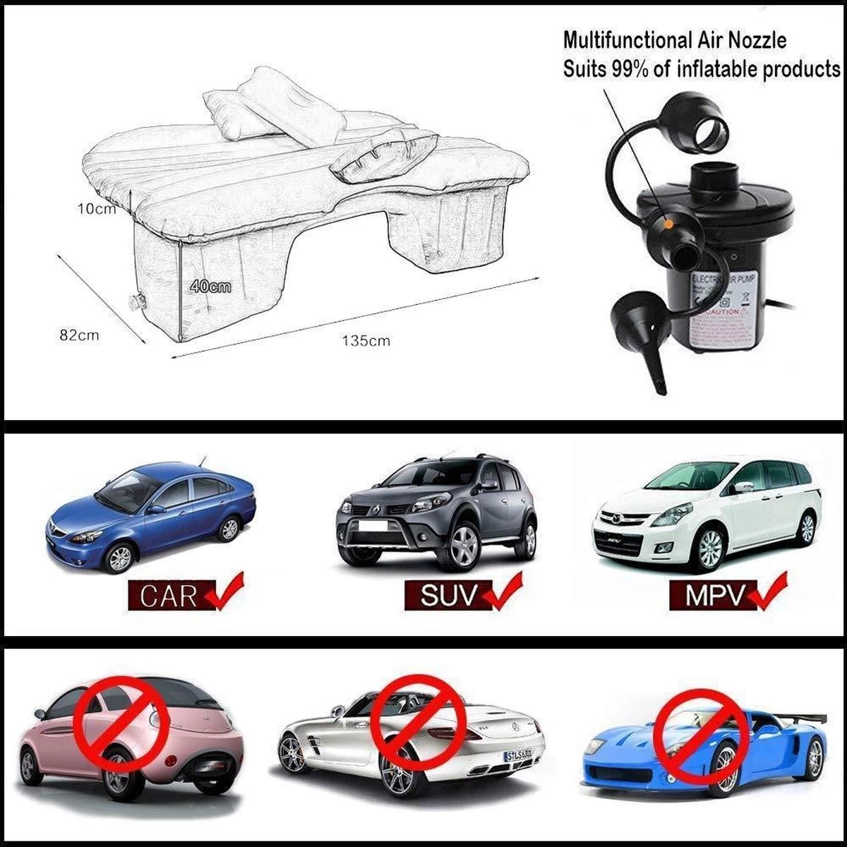 Merkloos Auto Reizen Opblaasbare Matras Luchtbed Camping Universele SUV Achterbank Couch (Grijs) - Afbeelding 4