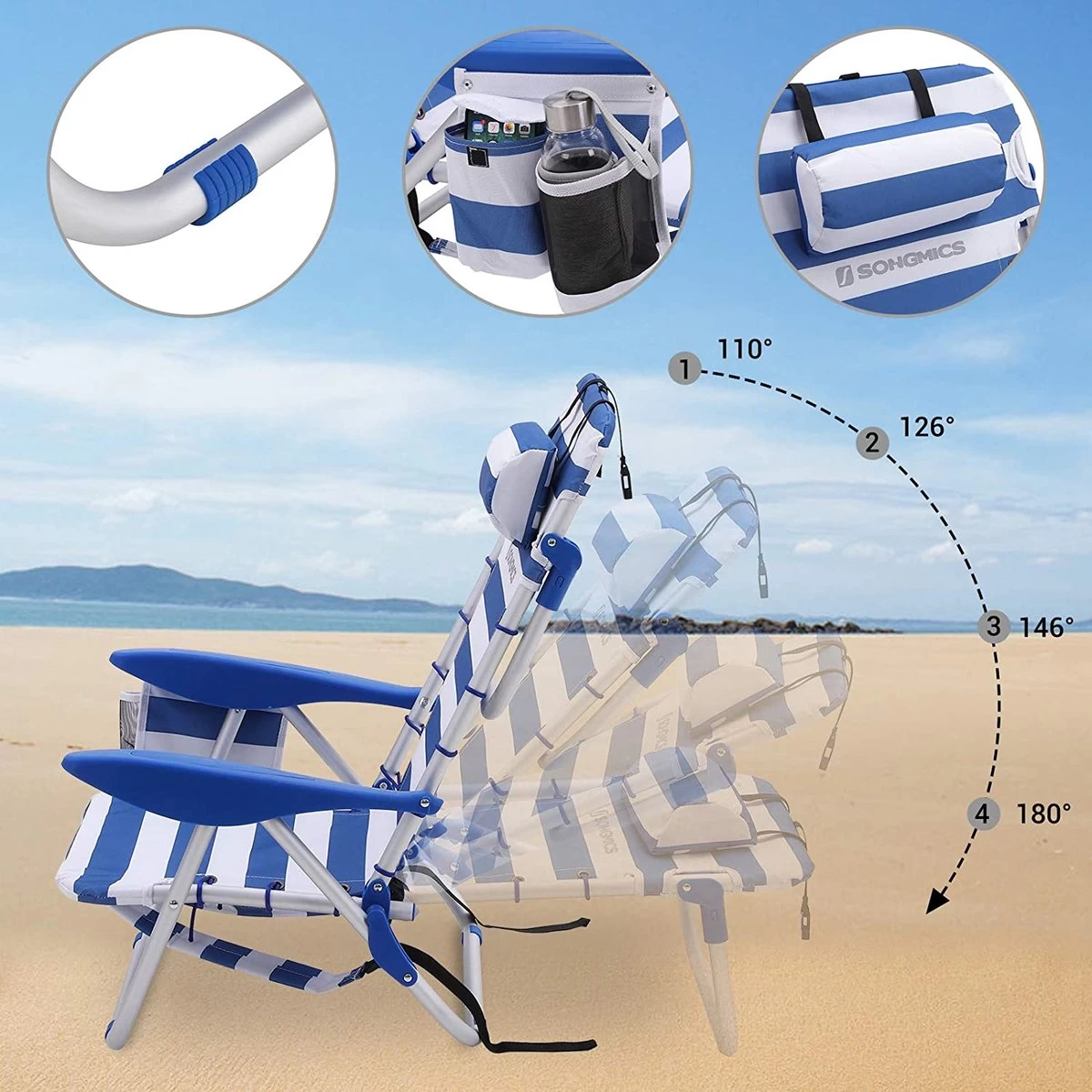 Naqsh Store Strandstoel Met Hoofdkussen, Aluminium, Draagbare Vouwstoel, Campingstoel, Opvouwbaar En Verstelbaar, Zoals Een Rugzak Draagbaar, Buitenstoel, Blauw En Wit Gestreept GCB62BU - Afbeelding 7