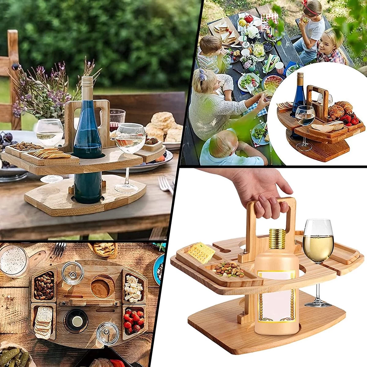 Merkloos Houten Outdoor Wijntafel Draagbare Houten Picknicktafel Mini Campingtafels Met Wijnglas Houder Voor Tuin Outdoor Camping Picknick Strand - Plataan Hout - Wijn - Afbeelding 2