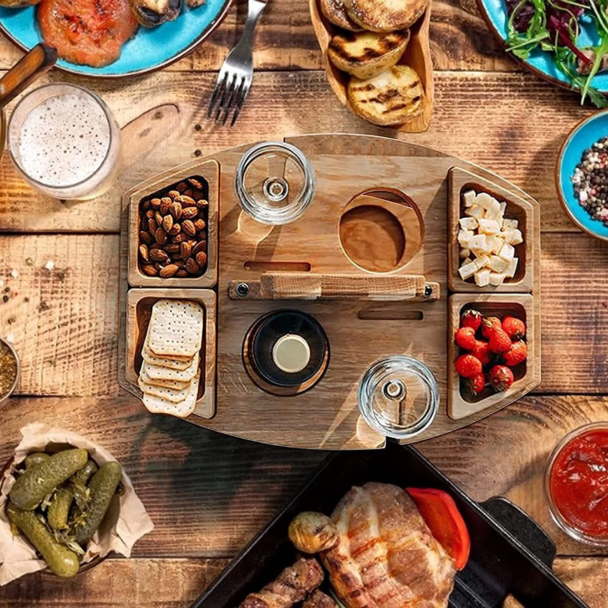 Merkloos Houten Outdoor Wijntafel Draagbare Houten Picknicktafel Mini Campingtafels Met Wijnglas Houder Voor Tuin Outdoor Camping Picknick Strand - Plataan Hout - Wijn - Afbeelding 3