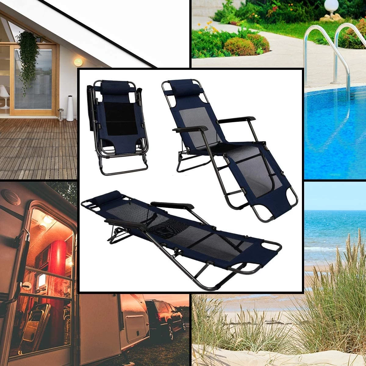 Ligstoel 180x60cm - Opvouwbaar Campingstoel Ligbed Strandstoel Tuinstoel Vouwligstoel Blauw - Afbeelding 17