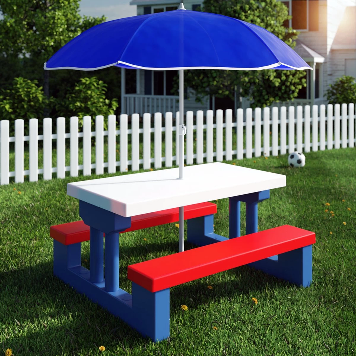 Merkloos Kinder Picknicktafel Met Parasol - Blauw - Afbeelding 9