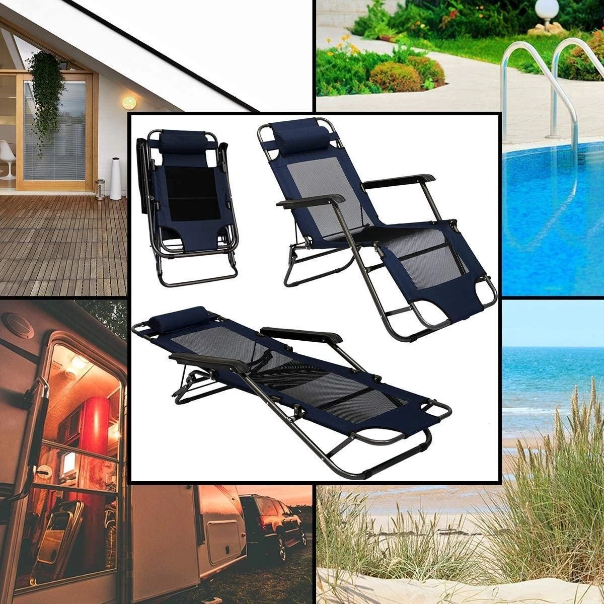 Ligstoel 155x60cm - Opvouwbaar Campingstoel Ligbed Strandstoel Tuinstoel Vouwligstoel Blauw - Afbeelding 6