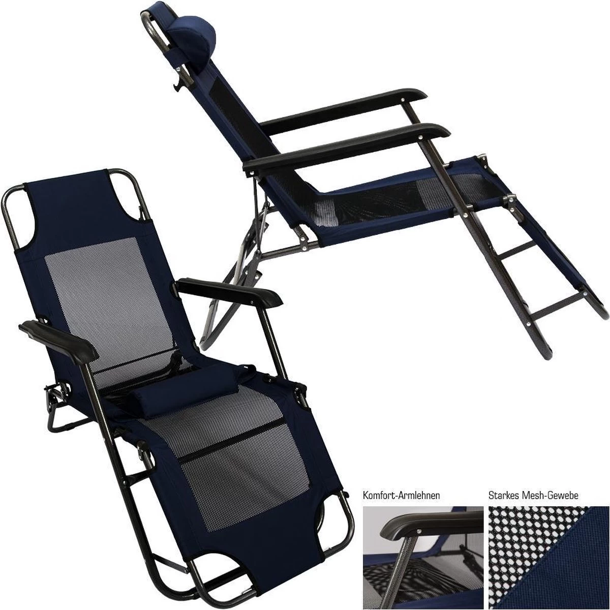 Ligstoel 155x60cm - Opvouwbaar Campingstoel Ligbed Strandstoel Tuinstoel Vouwligstoel Blauw - Afbeelding 15