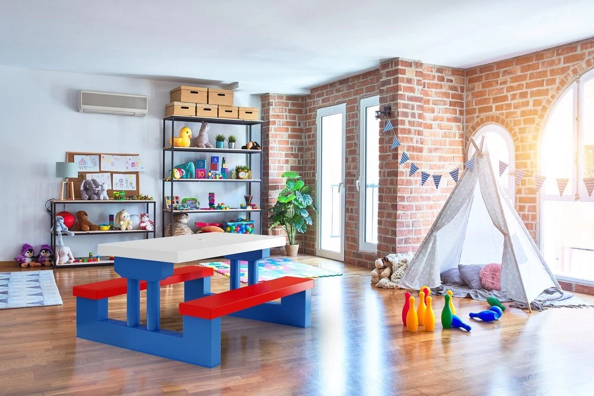 Merkloos Kinder Picknicktafel Met Parasol - Blauw - Afbeelding 5