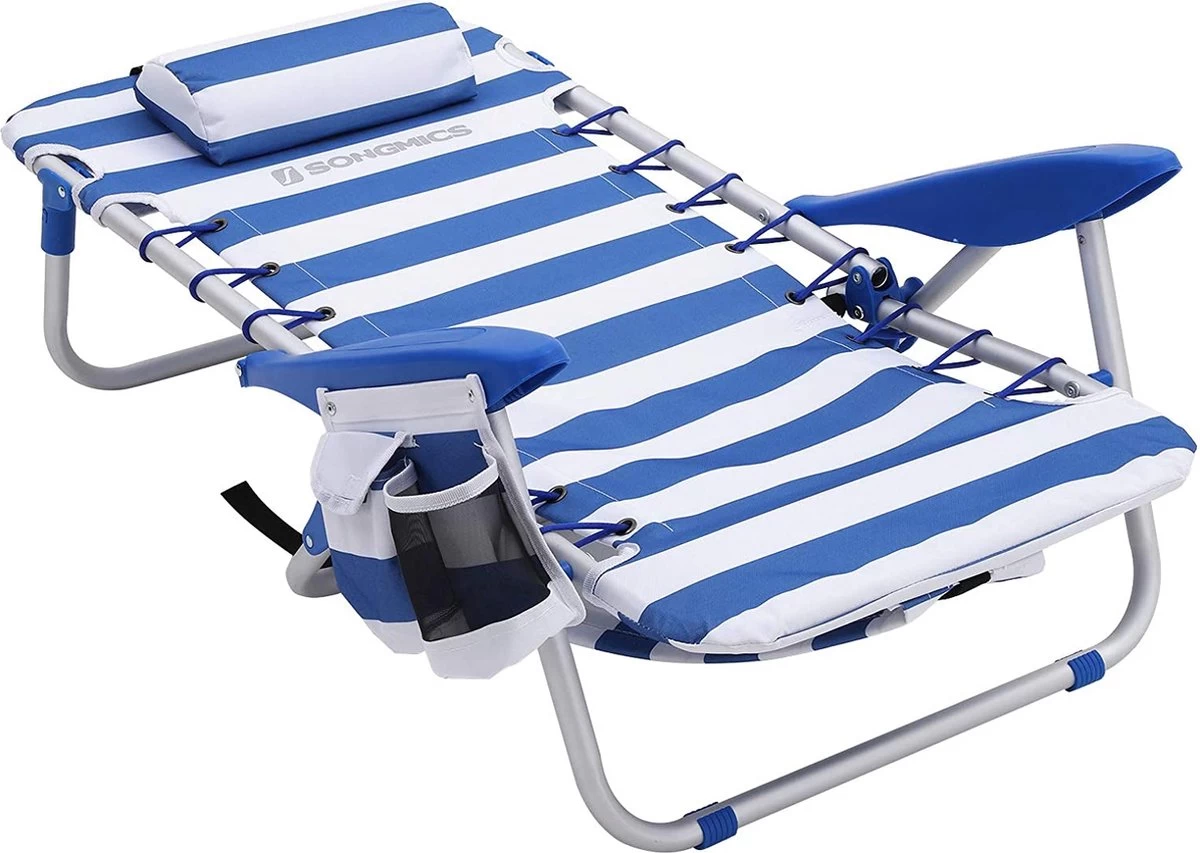 Naqsh Store Strandstoel Met Hoofdkussen, Aluminium, Draagbare Vouwstoel, Campingstoel, Opvouwbaar En Verstelbaar, Zoals Een Rugzak Draagbaar, Buitenstoel, Blauw En Wit Gestreept GCB62BU - Afbeelding 2