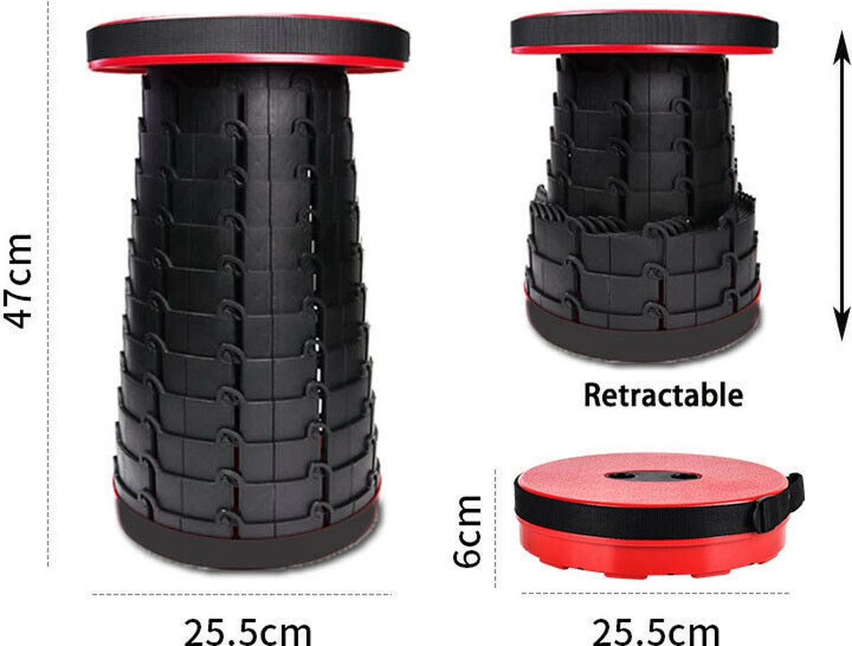 Kampeerkruk - Uitschuifbare Kruk - Rood/Zwart- Tot 120 Kg - Travel Stool - Opvouwbare Campingkruk - Inklapbaar Krukje - Telescopische Kruk - Camping - Outdoor - Afbeelding 10