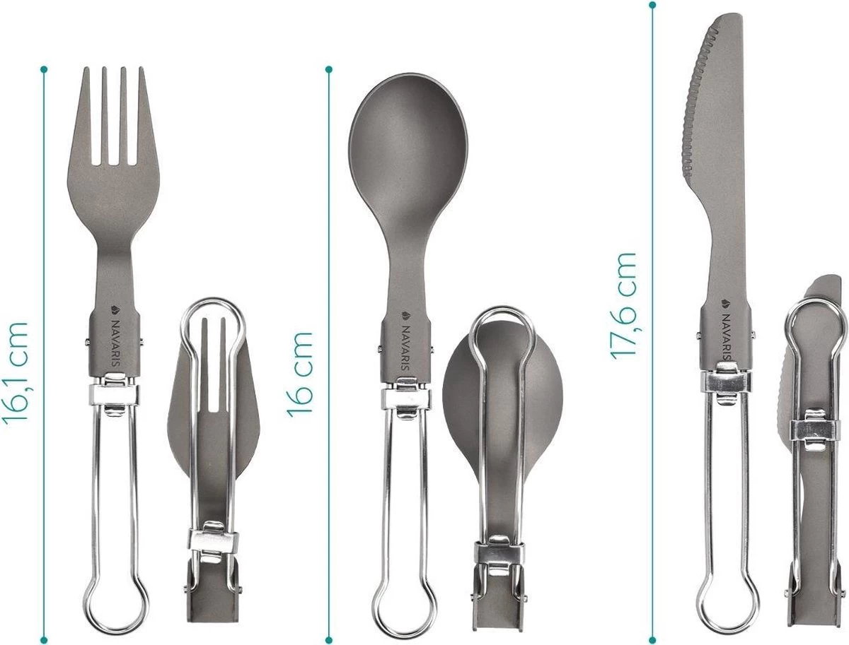 Navaris Campingbestek Van Titanium - Set Met Vork, Mes En Lepel - Inklapbaar - Bestekset Voor Onderweg - Inclusief Karabijnhaak En Bewaarzakje - Afbeelding 4